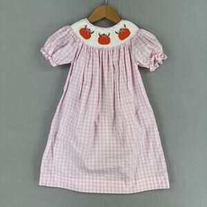 Busy Bees Smocks Dress Girls 4T Pink Gingham Smocked Pumpkins A-Line Fall Party